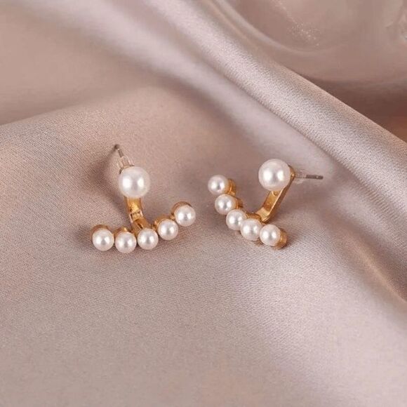 Gold Pearl Ear Crawler Jacket Stud Earrings - Picture 2 of 8